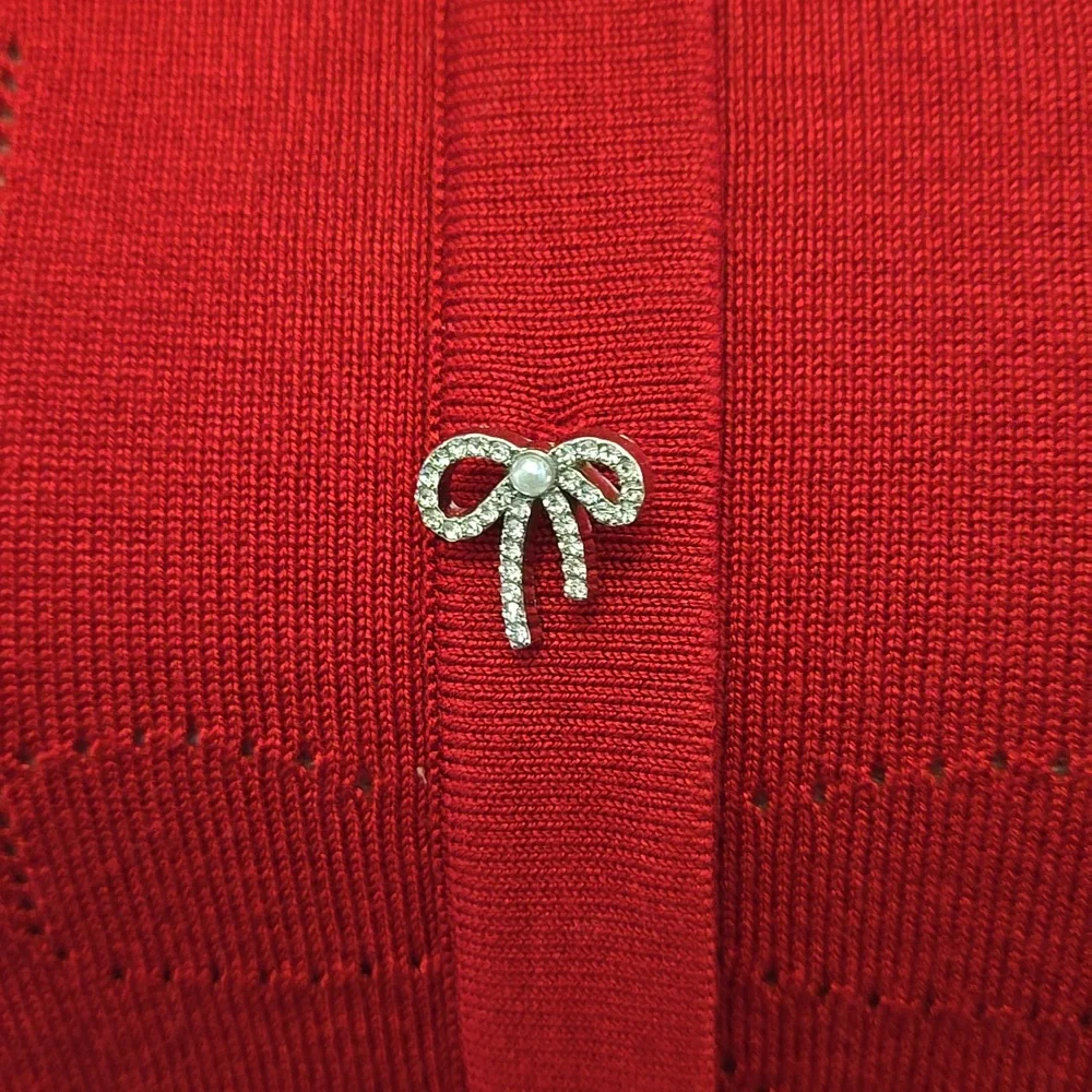 Adrianna Papell Haute Red Pullover Sweater silver bow buttons crewneck  MED NEW…